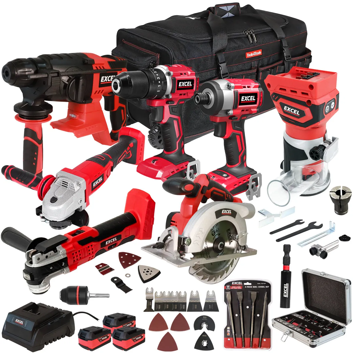 Excel 18V 7 Piece Power Tool Kit with 3 x 5.0Ah Battery Charger & Accessories EXLKIT-17301