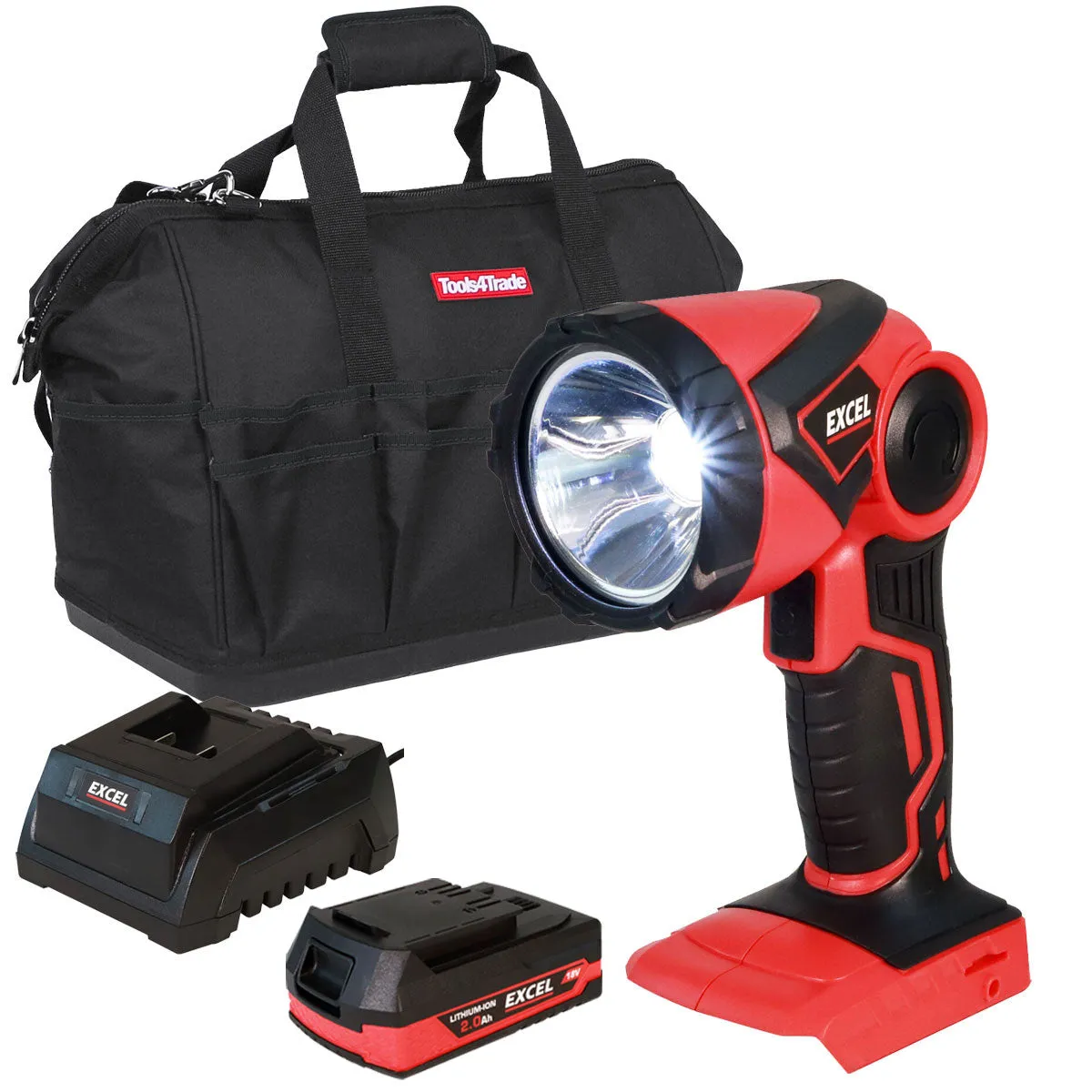 Excel 18V Cordless LED Flashlight Torch with 1 x 2.0Ah Battery Charger & 18 Bag