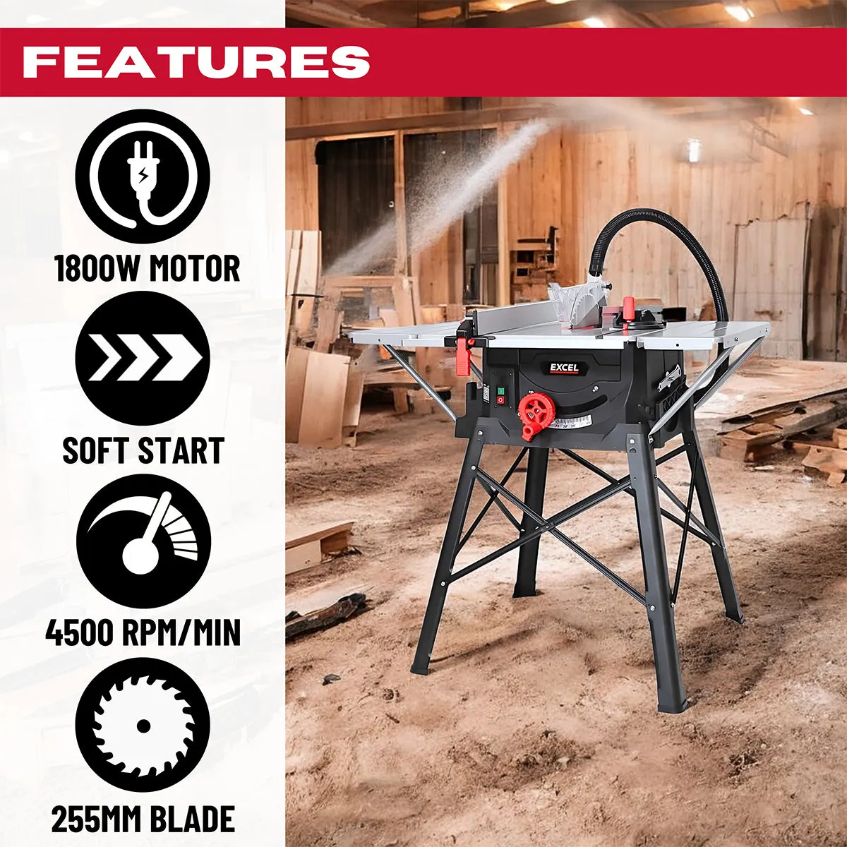 Excel 255mm (10-Inch) Table Saw - 240V/1800W with Leg Stand. Side Extensions. and Precision Blade