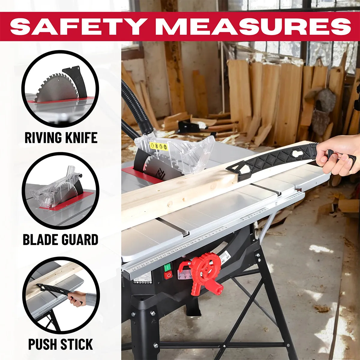 Excel 255mm (10-Inch) Table Saw - 240V/1800W with Leg Stand. Side Extensions. and Precision Blade