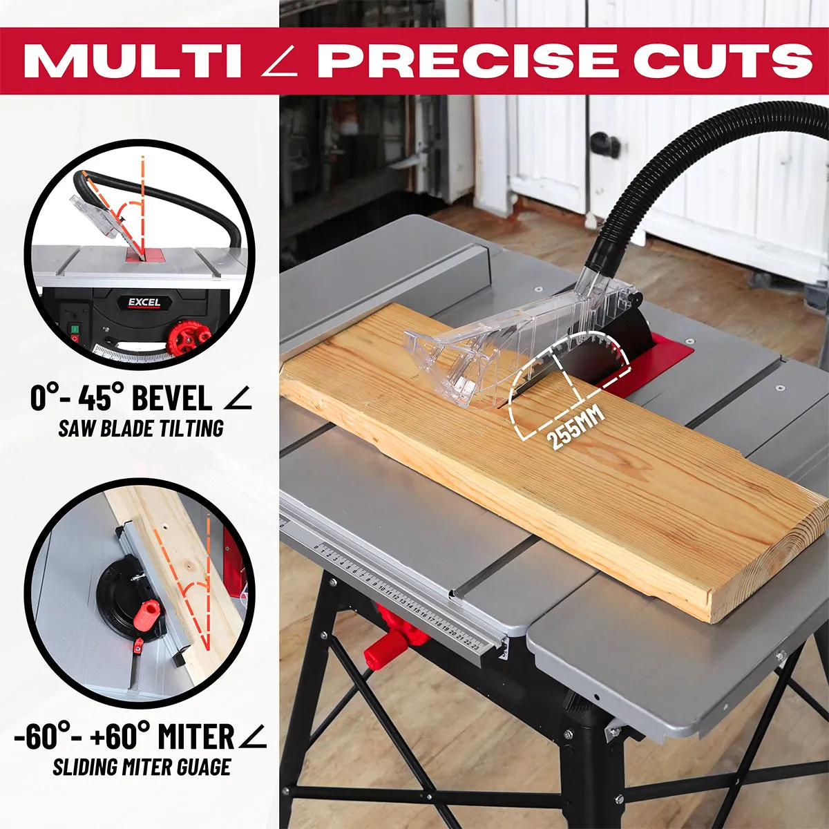 Excel 255mm (10-Inch) Table Saw - 240V/1800W with Leg Stand. Side Extensions. and Precision Blade