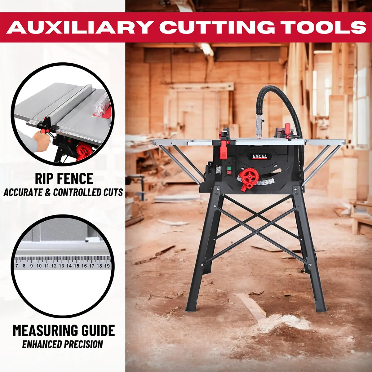 Excel 255mm (10-Inch) Table Saw - 240V/1800W with Leg Stand. Side Extensions. and Precision Blade