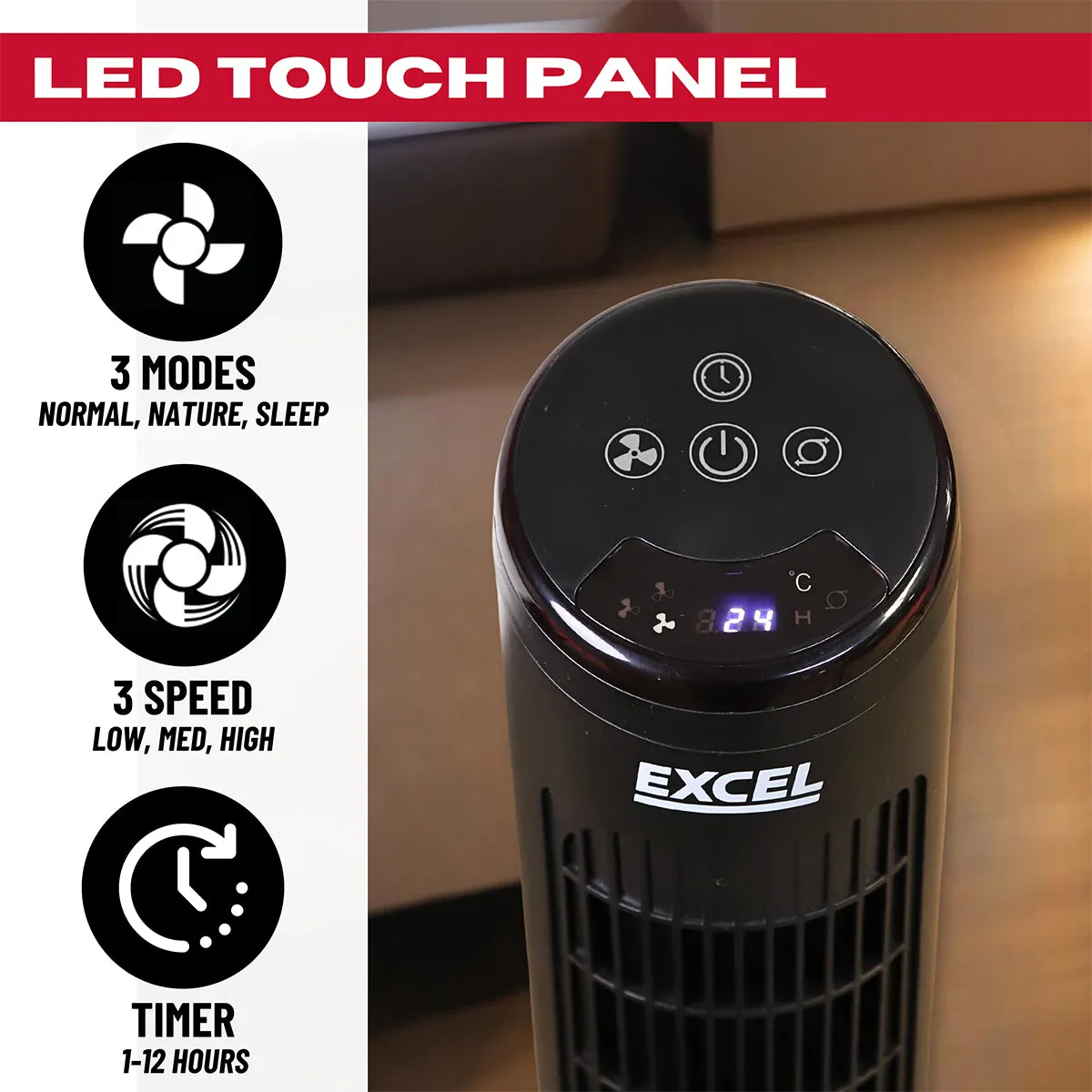 Excel 40 Tower Fan with Touch Enabled Controls and Remote Control - Black