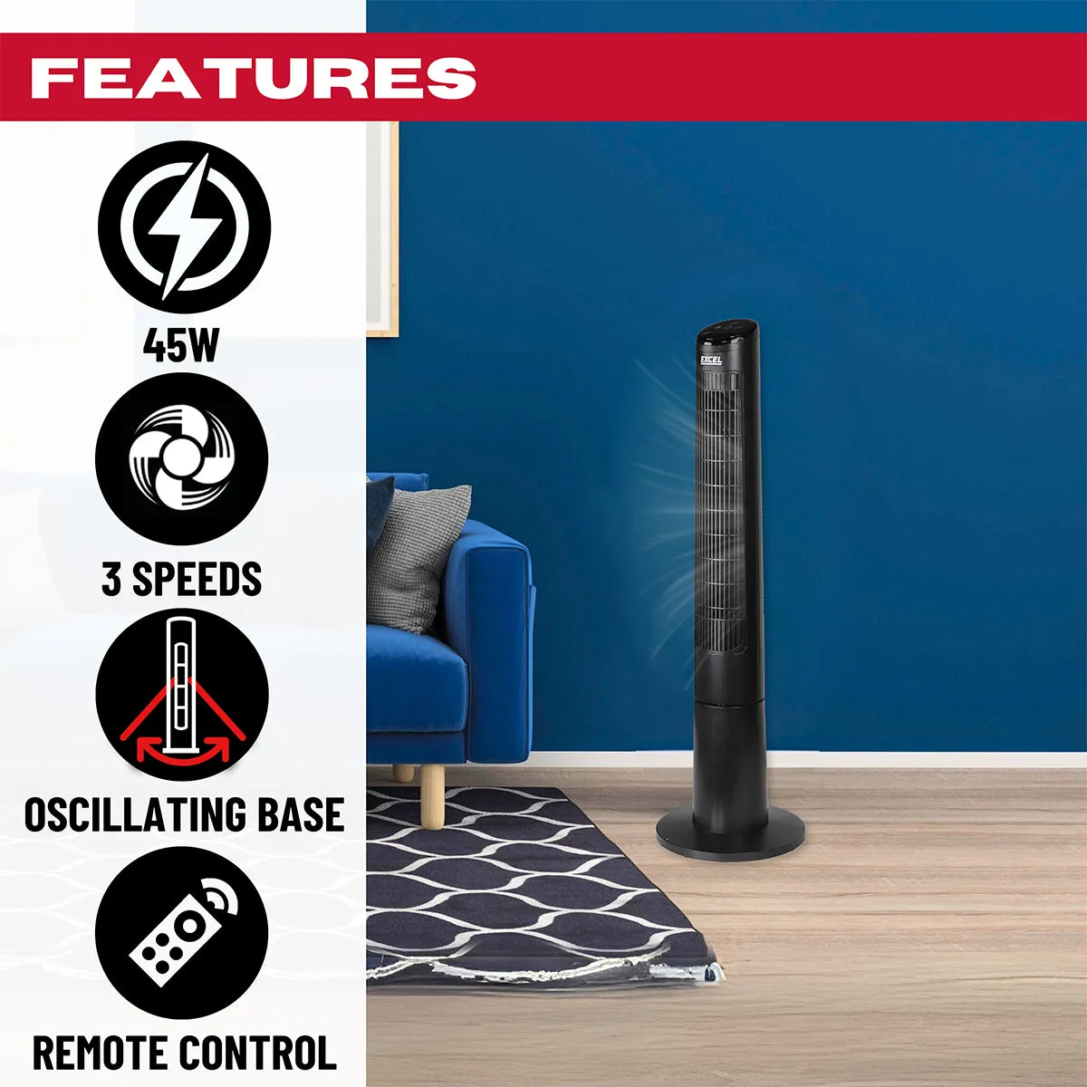 Excel 40 Tower Fan with Touch Enabled Controls and Remote Control - Black