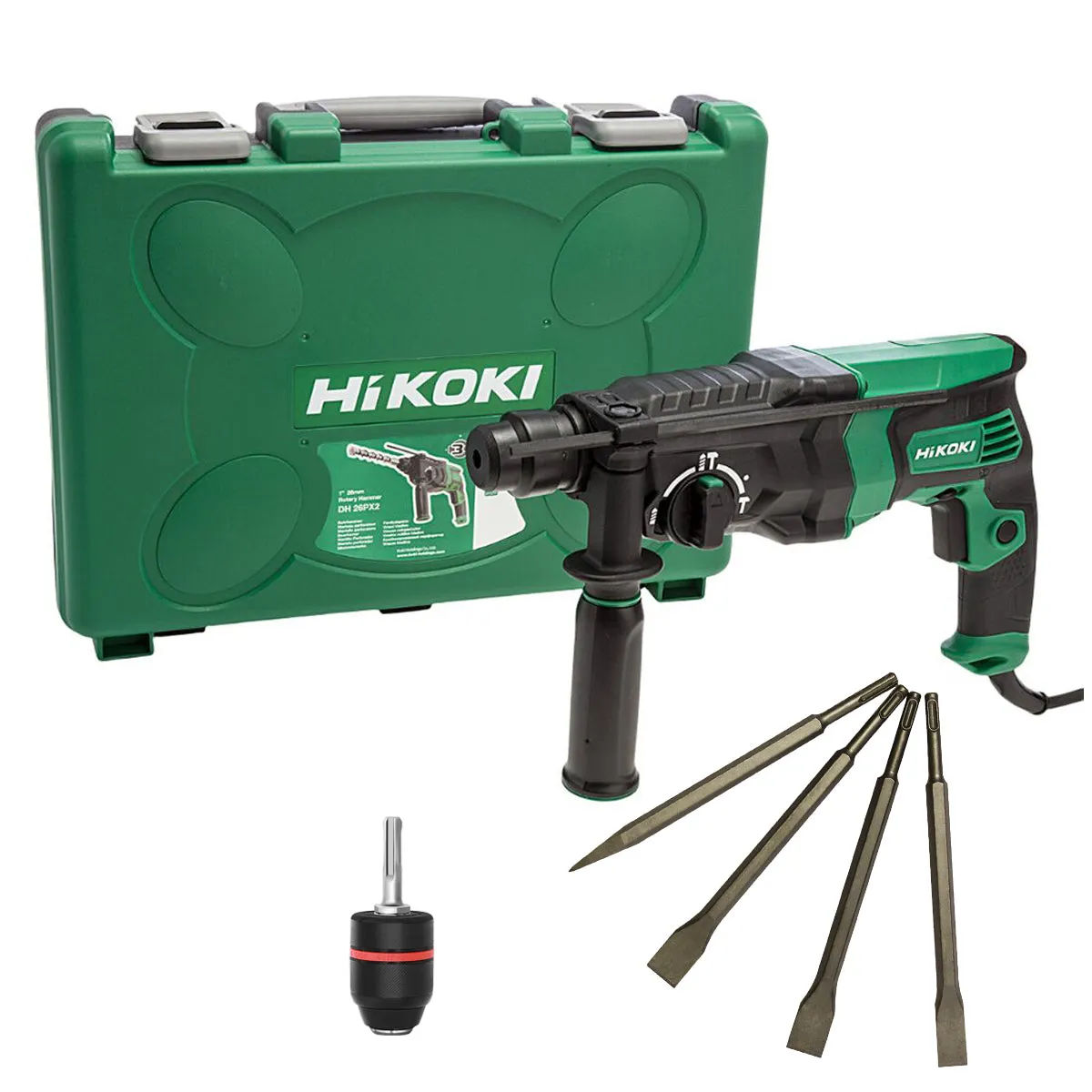 HiKOKI DH26PX2 SDS  Rotary Hammer Drill 240v with Chisel Set and Keyless Chuck