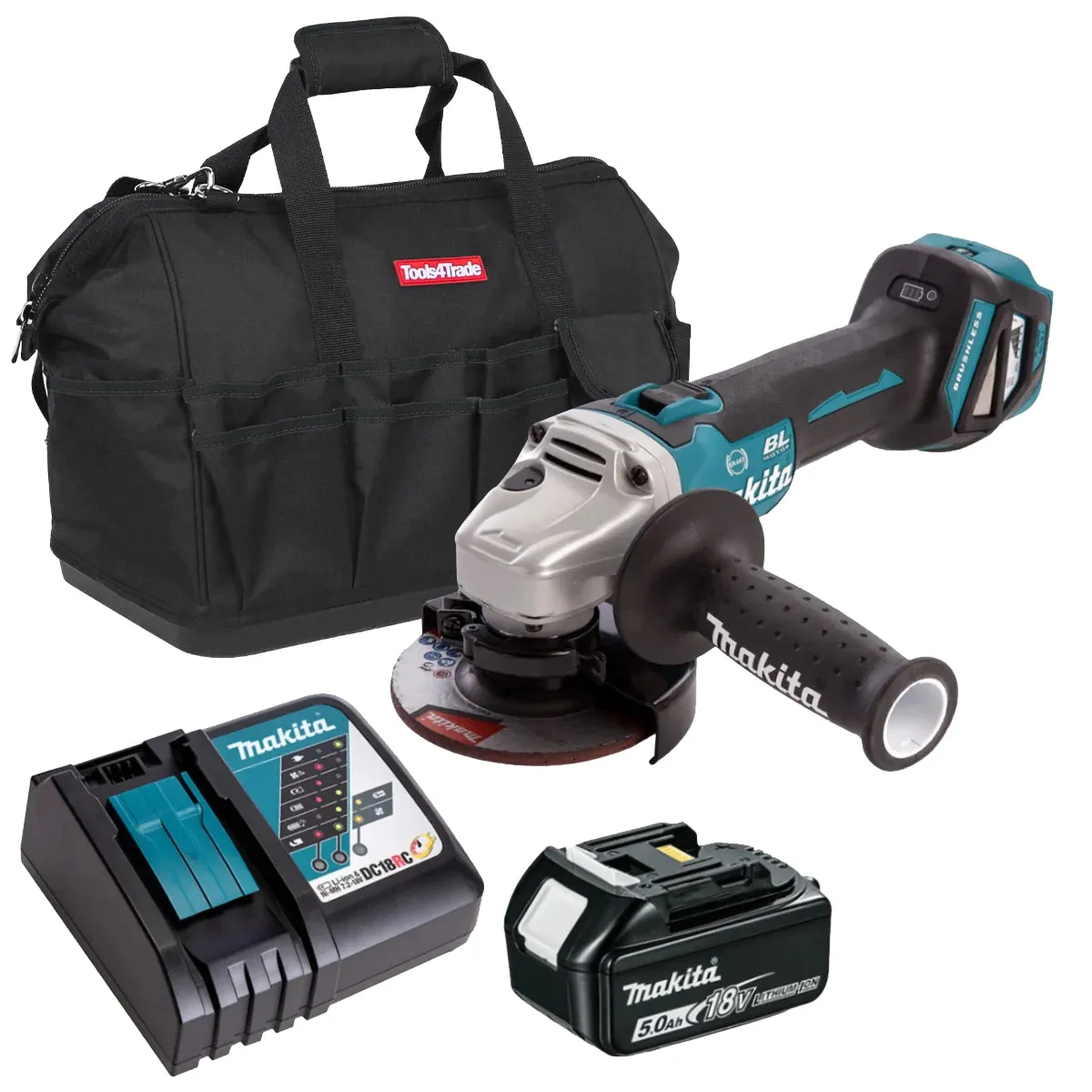 Makita DGA463Z 18V Brushless 115mm Angle Grinder with 1 x 5.0Ah Battery Charger & 18 Bag