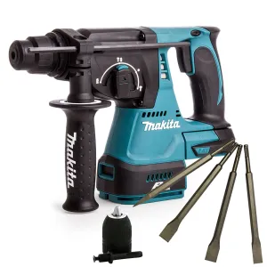 Makita DHR242Z 18V Brushless Hammer Drill & 4 Piece Chisel Set   Keyless Chuck
