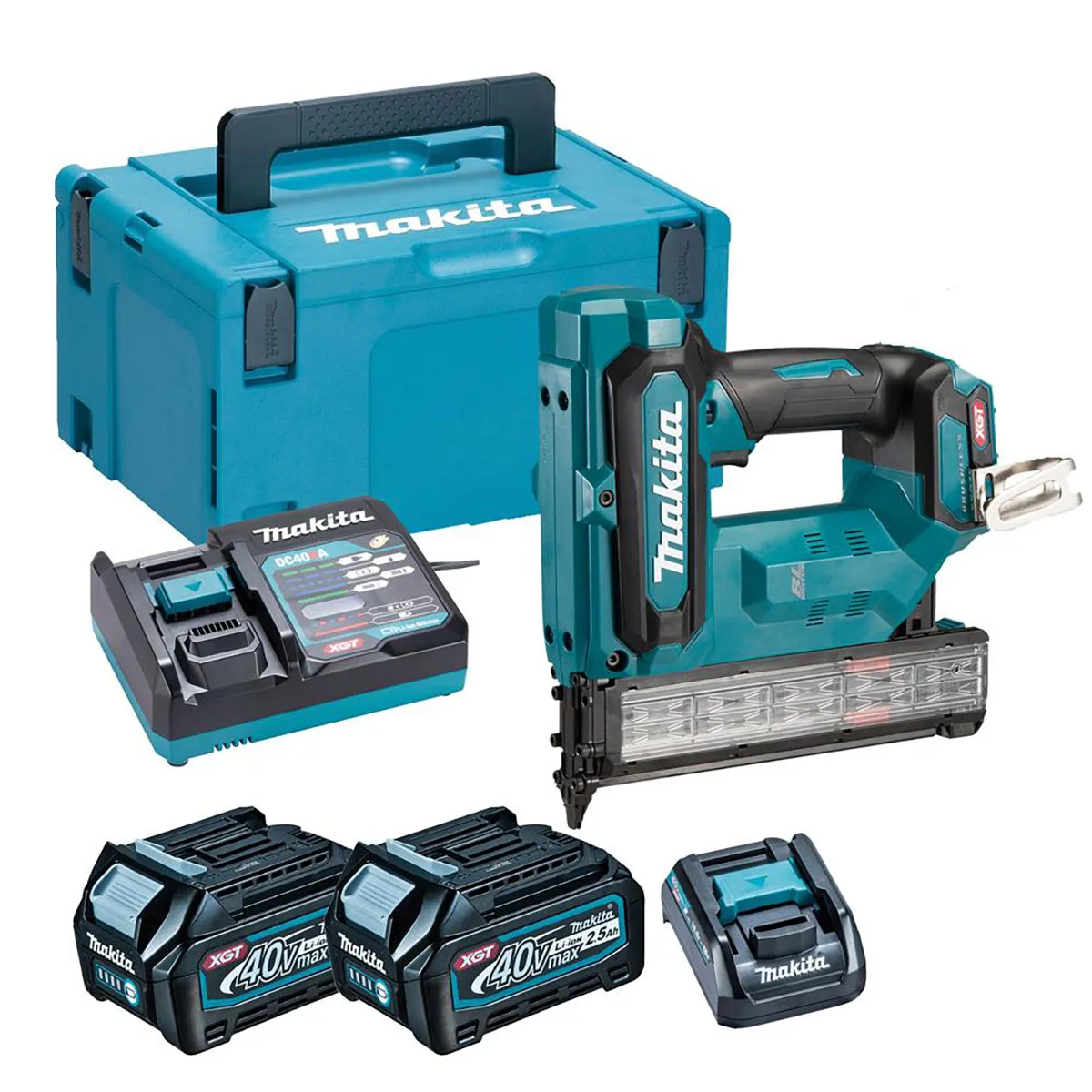 Makita FN001GD201 40V Max XGT Brushless 18Ga Brad Nailer With 2 x 2.5Ah Battery Charger & Case