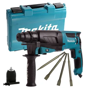 Makita HR2630/1 SDS  Rotary Hammer Drill 110V & 4 Piece Chisel Set   Keyless Chuck