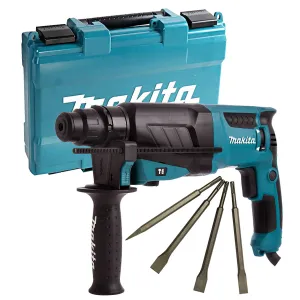Makita HR2630/2 3 Mode SDS  Rotary Hammer Drill 240V With 4 Piece Chisel Set