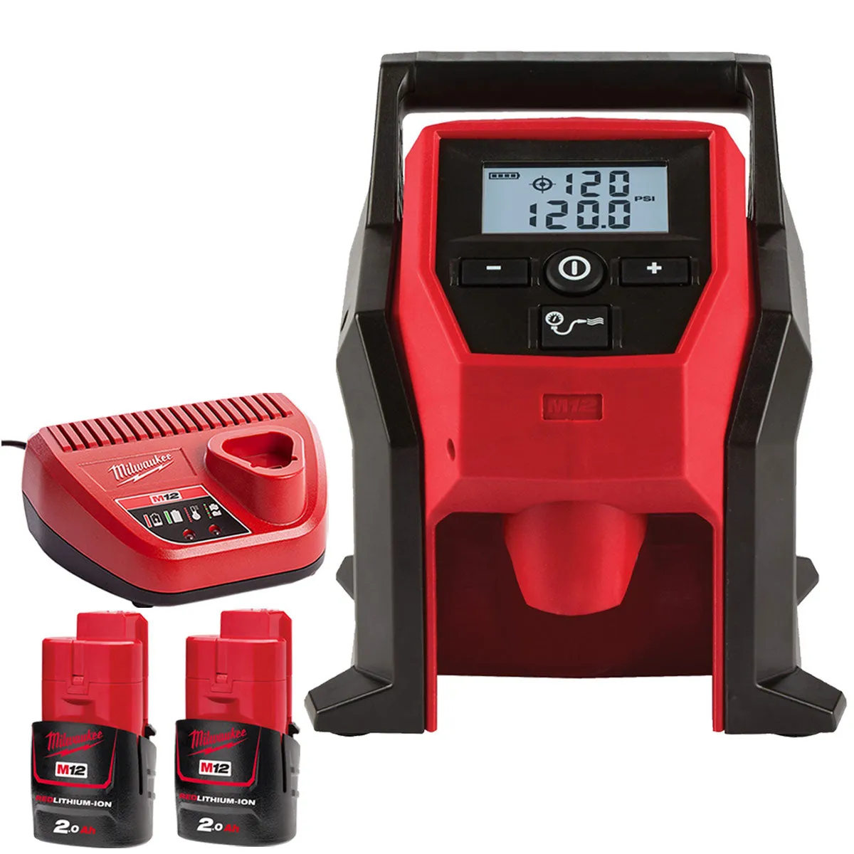 Milwaukee M12BI-0 M12 12V Sub Compact Inflator with 2 x 2.0Ah Batteries & Charger