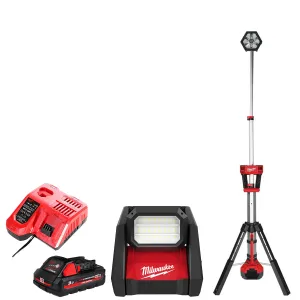 Milwaukee M18SAL-0 and M18HOAL-0 Site Lighting Combo with 1 x 3.0Ah Battery & Charger